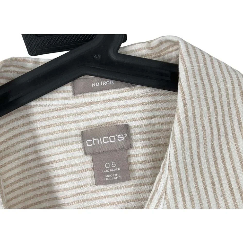 Chico’s no iron 100% linen roll tab button up top shirt size 0.5 S 6 tan striped - Picture 5 of 7